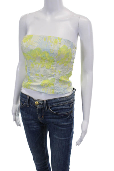 Reformation Womens Floral Print Textured Strapless Crop Top Yellow Combo Size 0