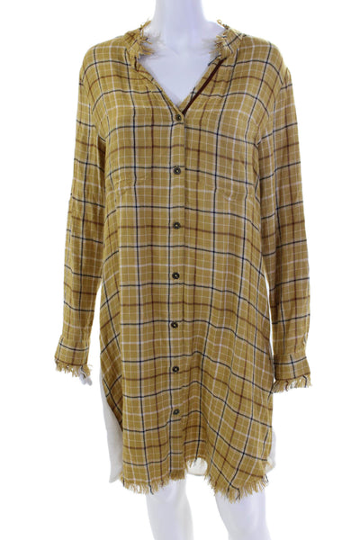 Kyla Seo Womens Plaid print Y-Neck Buttoned Casual Shirt Dress Yellow Size S