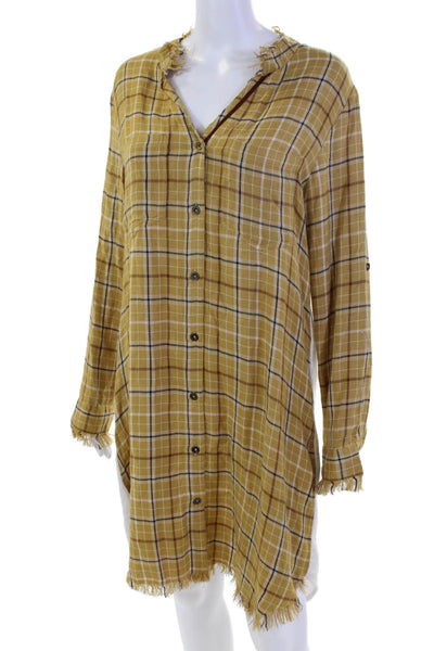 Kyla Seo Womens Plaid print Y-Neck Buttoned Casual Shirt Dress Yellow Size S