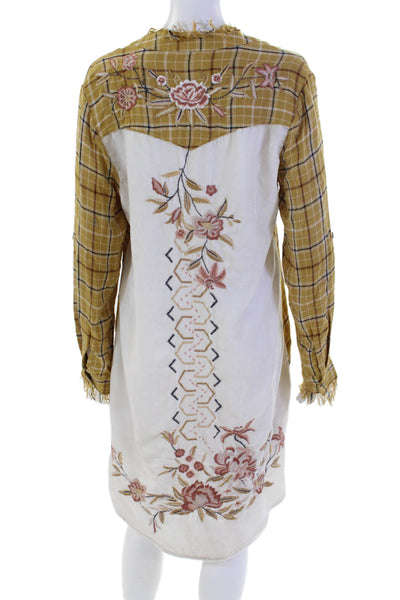 Kyla Seo Womens Plaid print Y-Neck Buttoned Casual Shirt Dress Yellow Size S