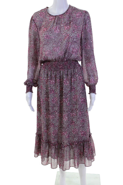 Misa Womens Long Sleeve Crew Neck Floral Maxi Dress Gray Purple Size Small