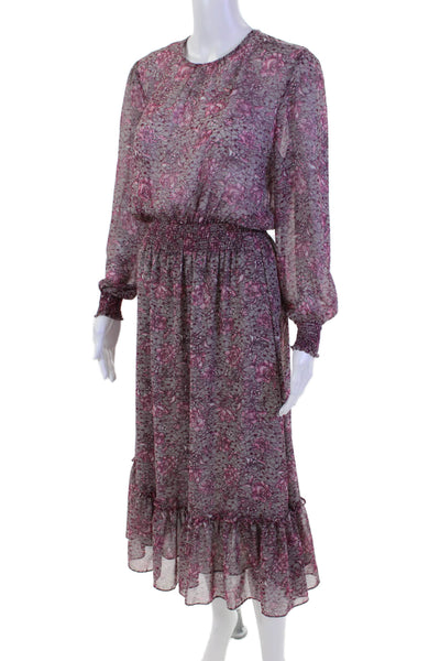 Misa Womens Long Sleeve Crew Neck Floral Maxi Dress Gray Purple Size Small
