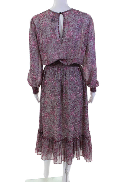 Misa Womens Long Sleeve Crew Neck Floral Maxi Dress Gray Purple Size Small