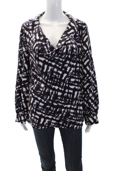 St. John Womens Long Sleeve Scoop Neck Abstract Silk Top Purple White Size 8