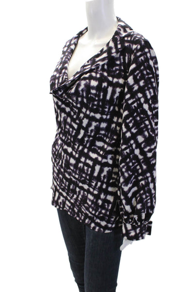 St. John Womens Long Sleeve Scoop Neck Abstract Silk Top Purple White Size 8