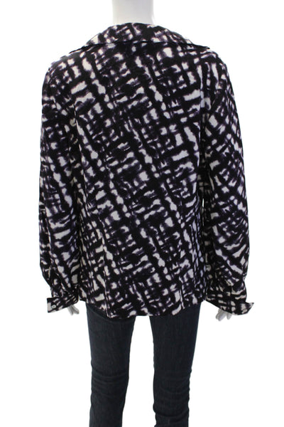 St. John Womens Long Sleeve Scoop Neck Abstract Silk Top Purple White Size 8