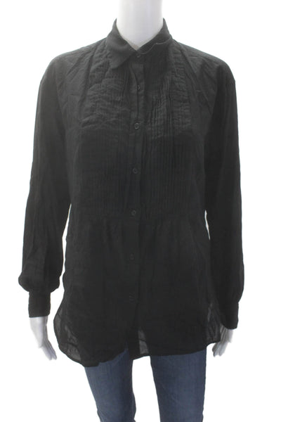 Nili Lotan Womens Cotton Pleated Neckline Button Down Blouse Black Size XS