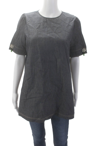 Gilmar Womens Cotton Rhinestone Cuff Detail Short Sleeve Blouse Gray Size EUR 44