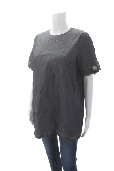 Gilmar Womens Cotton Rhinestone Cuff Detail Short Sleeve Blouse Gray Size EUR 44