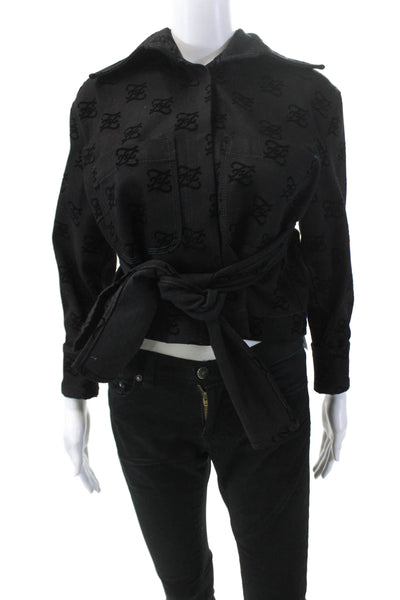 Fendi Womens Button Front Collared Velvet Logo Jean Jacket Black Denim Size 2