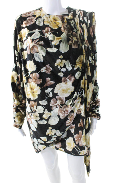Saint Laurent Womens Long Sleeve Crew Neck Floral Velvet Dress Black Multi FR 36