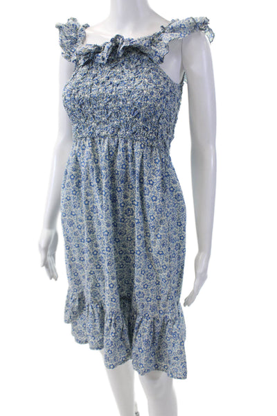 Sea New York Girls Cotton Floral Smocked Ruffle Trim Sundress Blue Size 10