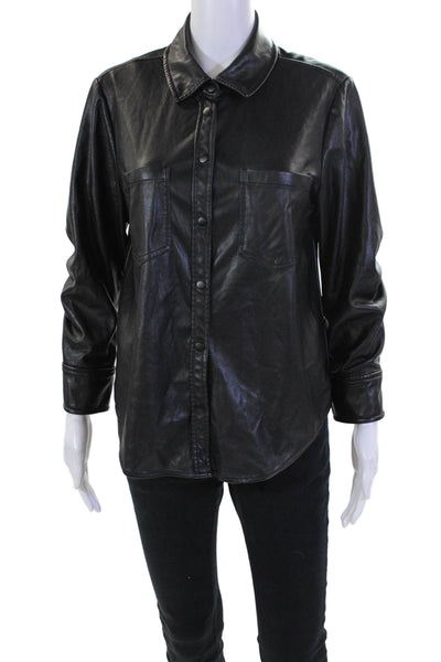 Jonathan Simkhai Womens Vegan Leather Collared Button Up Blouse Top Black Size S