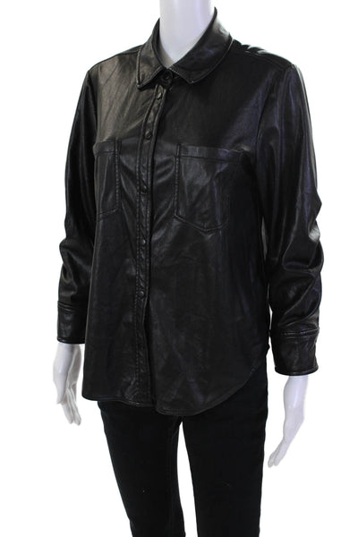 Jonathan Simkhai Womens Vegan Leather Collared Button Up Blouse Top Black Size S