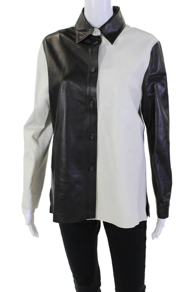 Blue Ice Womens Button Up Long Sleeve Collared Leather Shirt White Black Small