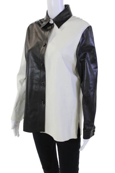 Blue Ice Womens Button Up Long Sleeve Collared Leather Shirt White Black Small
