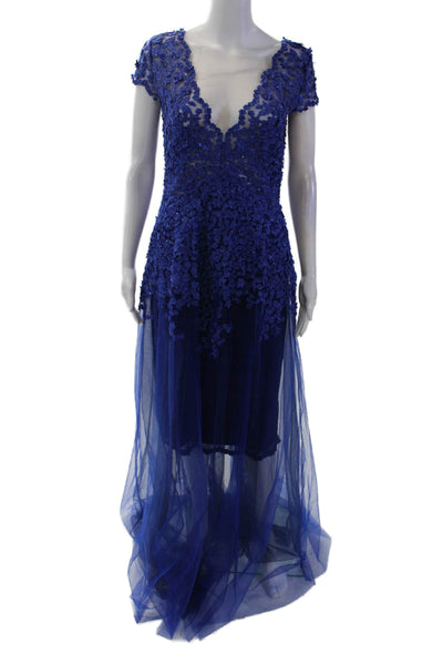 Olvis Womens Floral Applique Short Sleeve Zippered Full-Length Gown Blue Size 6