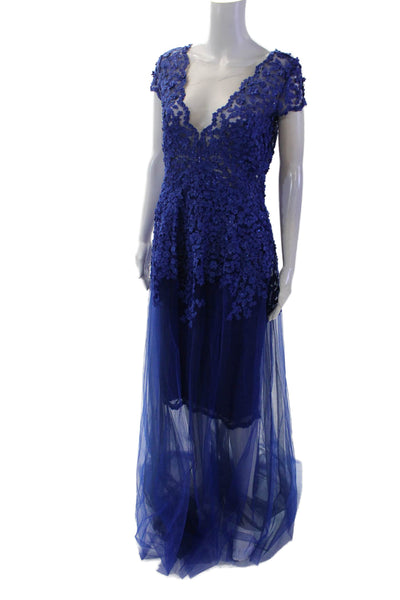 Olvis Womens Floral Applique Short Sleeve Zippered Full-Length Gown Blue Size 6