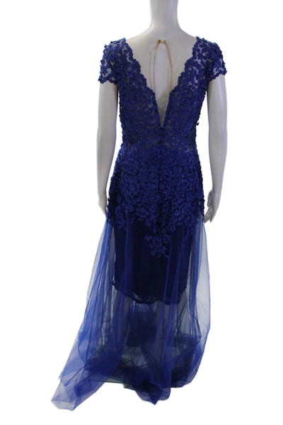 Olvis Womens Floral Applique Short Sleeve Zippered Full-Length Gown Blue Size 6