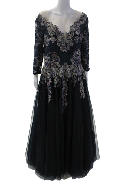 Olvis Womens Floral Applique Lace 3/4 Sleeve Floor Length Gown Blue Size 7