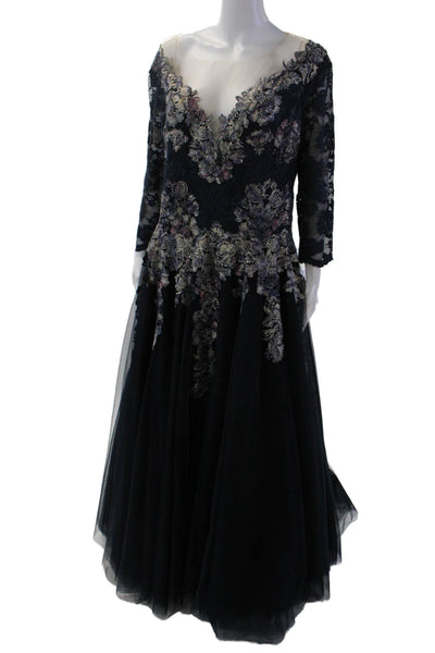Olvis Womens Floral Applique Lace 3/4 Sleeve Floor Length Gown Blue Size 7