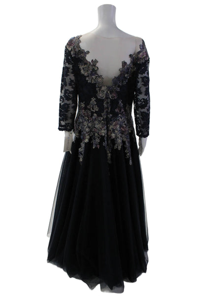 Olvis Womens Floral Applique Lace 3/4 Sleeve Floor Length Gown Blue Size 7