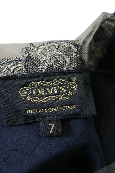 Olvis Womens Floral Applique Lace 3/4 Sleeve Floor Length Gown Blue Size 7