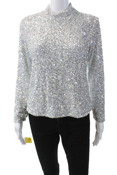 Insight Womens Sequins High Neck Zip Back Long Sleeve Blouse Top Silver Size XS