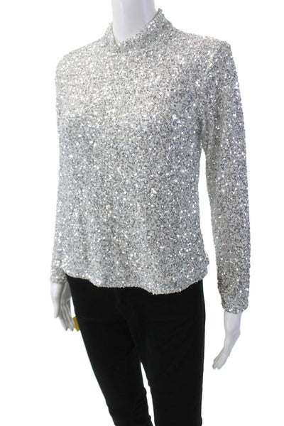 Insight Womens Sequins High Neck Zip Back Long Sleeve Blouse Top Silver Size XS