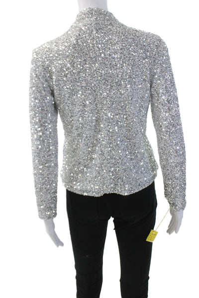 Insight Womens Sequins High Neck Zip Back Long Sleeve Blouse Top Silver Size XS
