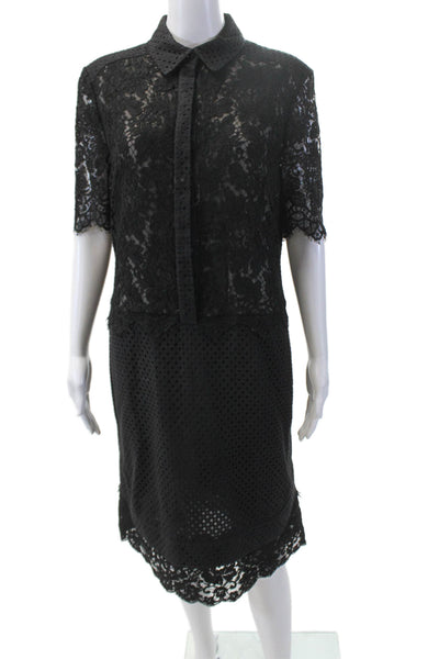 Erdem Short Sleeve Button Collared Layered Drop Waist Dress Black Size M