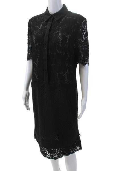 Erdem Short Sleeve Button Collared Layered Drop Waist Dress Black Size M