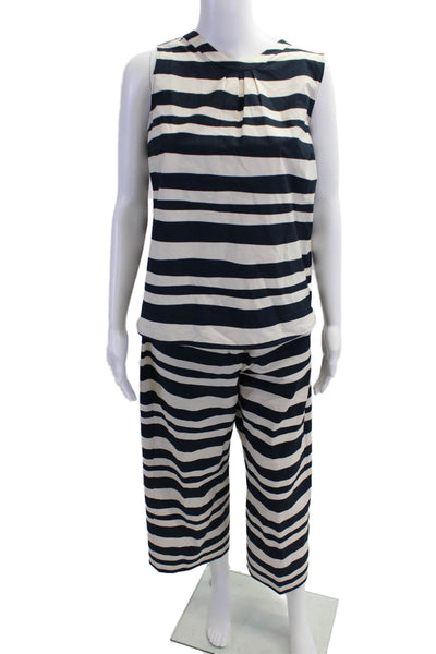 S Max Mara Womens Scoop Neck Striped Top Pants Set White Navy Cotton Size 6 8