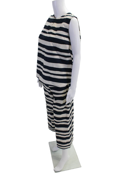 S Max Mara Womens Scoop Neck Striped Top Pants Set White Navy Cotton Size 6 8