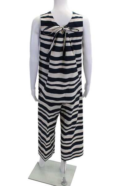 S Max Mara Womens Scoop Neck Striped Top Pants Set White Navy Cotton Size 6 8