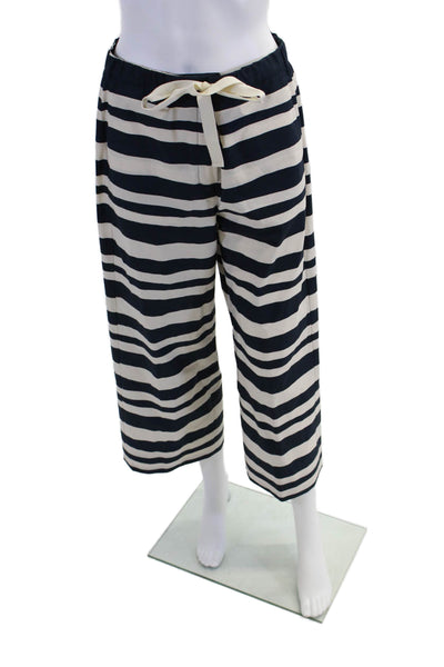 S Max Mara Womens Scoop Neck Striped Top Pants Set White Navy Cotton Size 6 8
