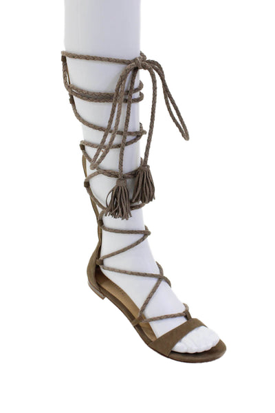 Schutz Women's Open Toe Strappy Suede Gladiator Flat Sandals Tan Size 7