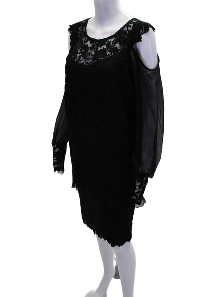 Designer Womens Floral Print Lace Double Cuff Blouse and Skirt Set Black Size 2X