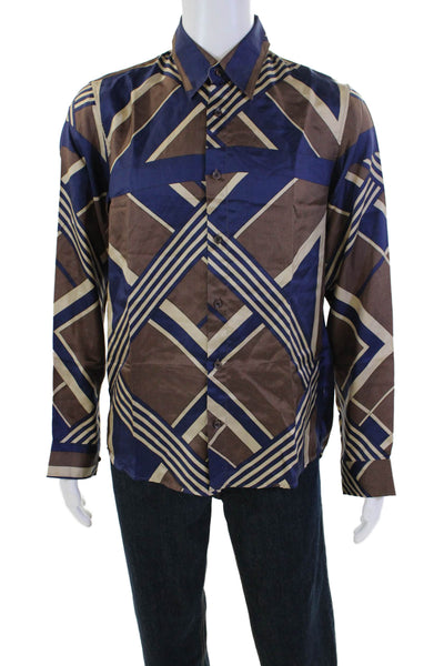 Boss Hugo Boss Mens Silk Geometric Print Button Front Shirt Multicolor Size S
