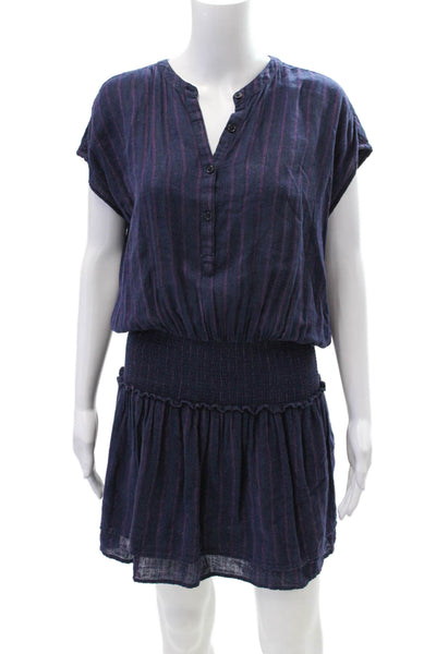 Rails Womens Short Sleeve Crew Neck Smocked Striped Dress Navy Pink Size Small