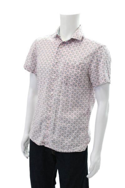 Boden Mens Floral Print Button Down Short Sleeves Shirt Pink Blue Size Small