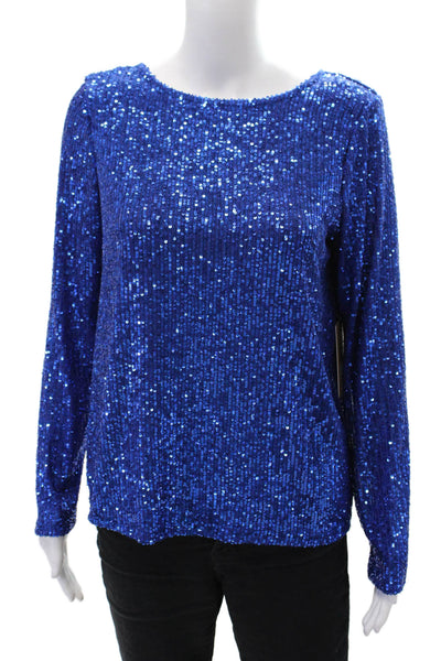 Halogen Womens Sequined Round Neck Long Sleeve Long Sleeve Blouse Blue Size S
