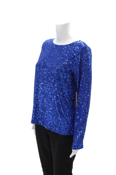 Halogen Womens Sequined Round Neck Long Sleeve Long Sleeve Blouse Blue Size S