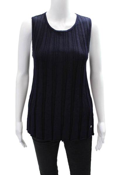 Biana Womens Stretch Ribbed Round Neckline Sleeveless Blouse Navuy Blue Size L