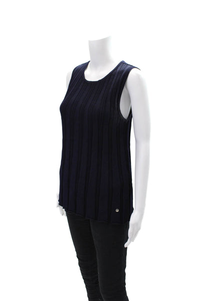Biana Womens Stretch Ribbed Round Neckline Sleeveless Blouse Navuy Blue Size L