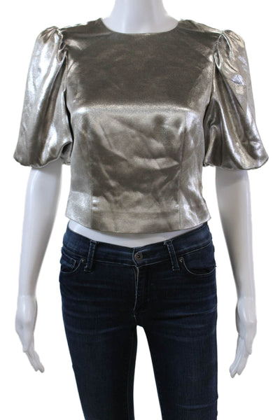 MV Limited Womens Short Sleeve Crew Neck Metallic Blouse Silver Tone Size 2