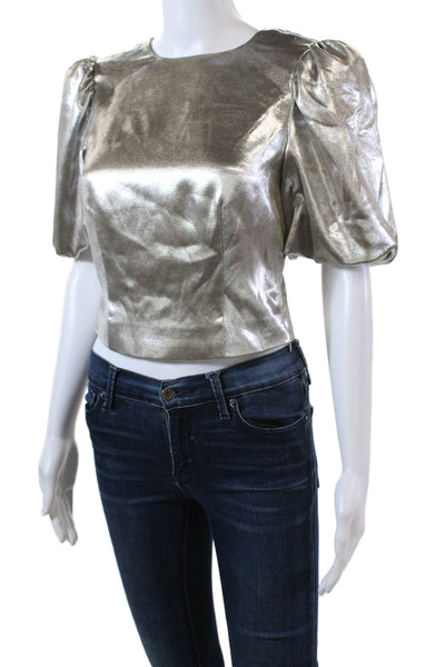 MV Limited Womens Short Sleeve Crew Neck Metallic Blouse Silver Tone Size 2