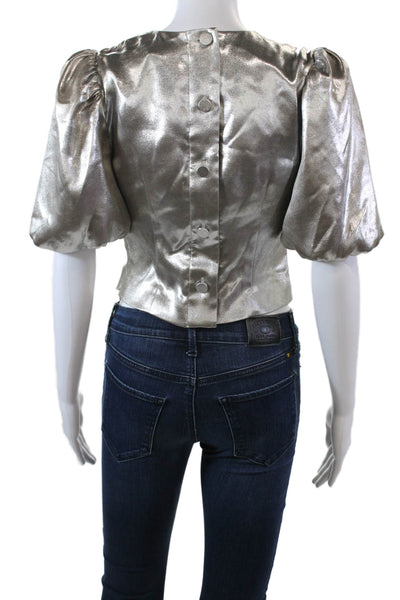 MV Limited Womens Short Sleeve Crew Neck Metallic Blouse Silver Tone Size 2