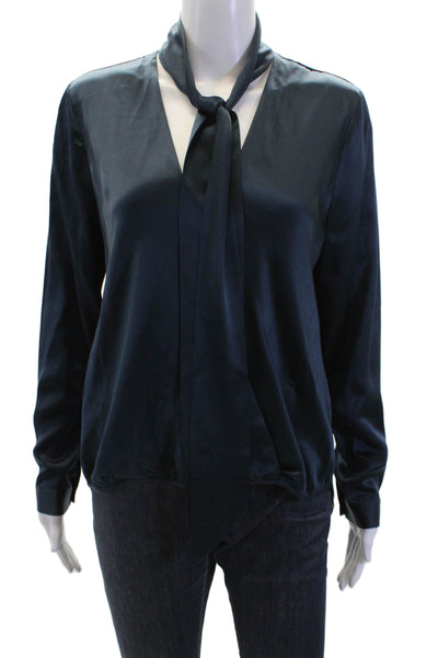 Michelle Mason Womens Silk Long Sleeves Button Down Blouse Navy Blue Size 6