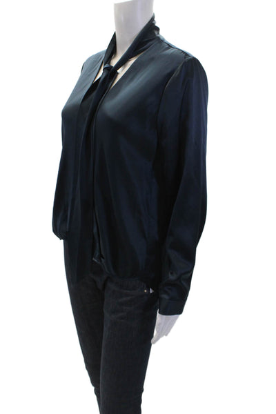 Michelle Mason Womens Silk Long Sleeves Button Down Blouse Navy Blue Size 6